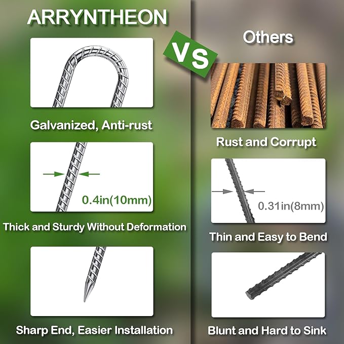Rebar Stakes 12 Inch 16 Pack Tent Stakes Heavy Duty Metal J Hook, Fence Stakes for Trampoline, Fence, Camping Tent (16, 12")