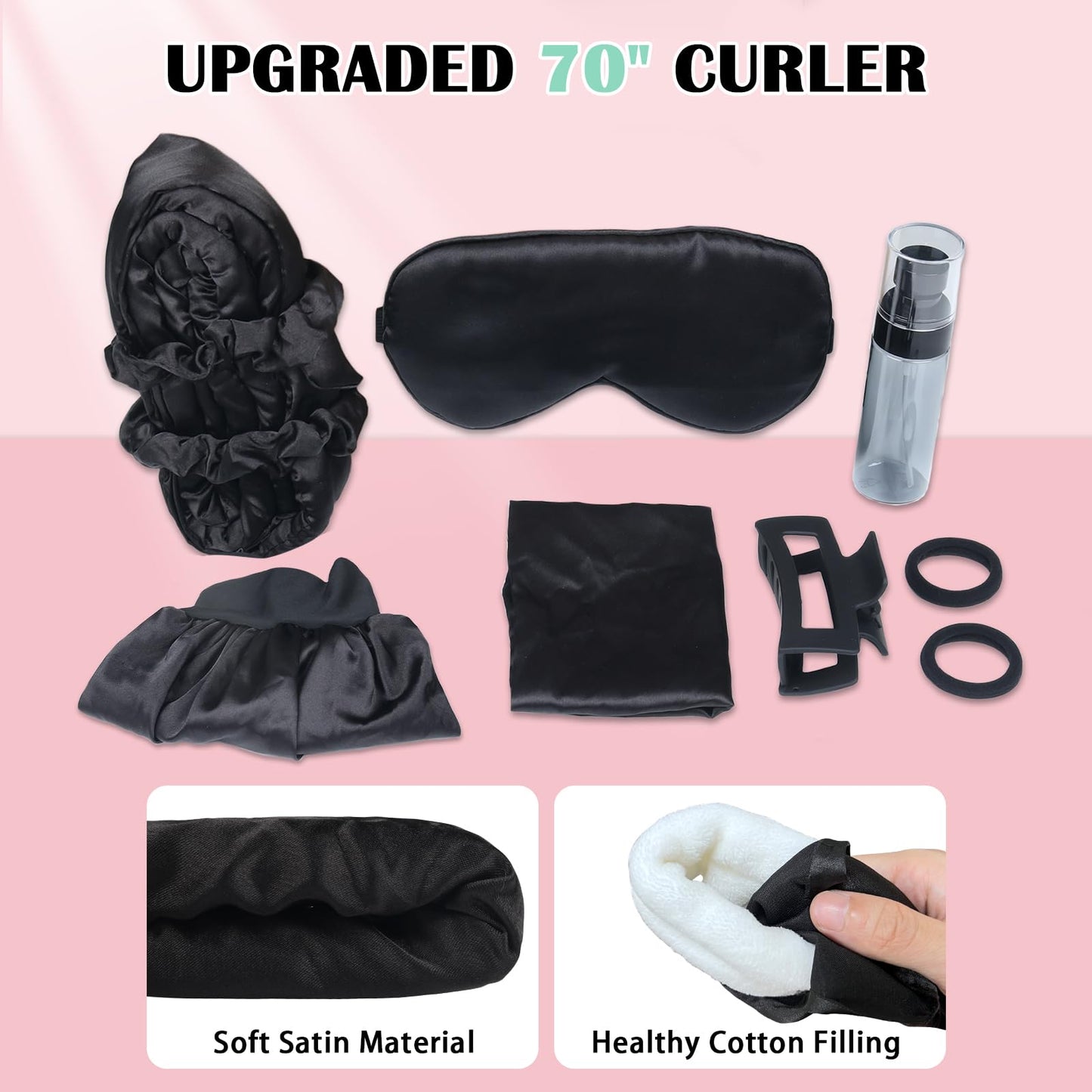 Gwabee Satin Heatless Curls Overnight Hair Curlers to Sleep In Hair Curler Rollers No Heat Hair Wrap for Curls Headband, 70" Satin Heatless Curling Rod Set for Women Long Waves Hair Volume-Black 10PCS