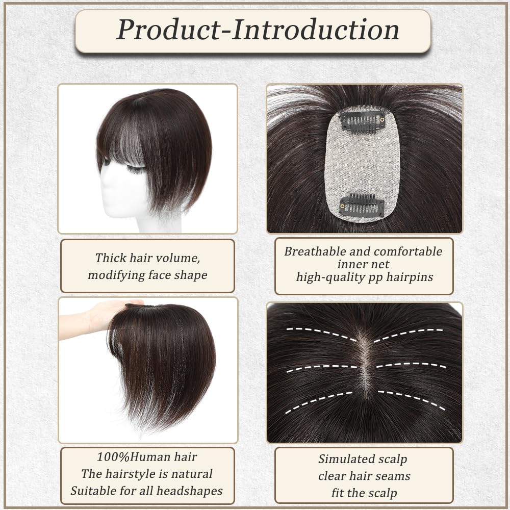 Hair Toppers for Women Real Human Hair, 3D Cover Clip in Bangs Realistic Scalp Line Human Hair Toppers for Women with Thinning Upgrade Basement with French Bangs (Dark Brown, French)