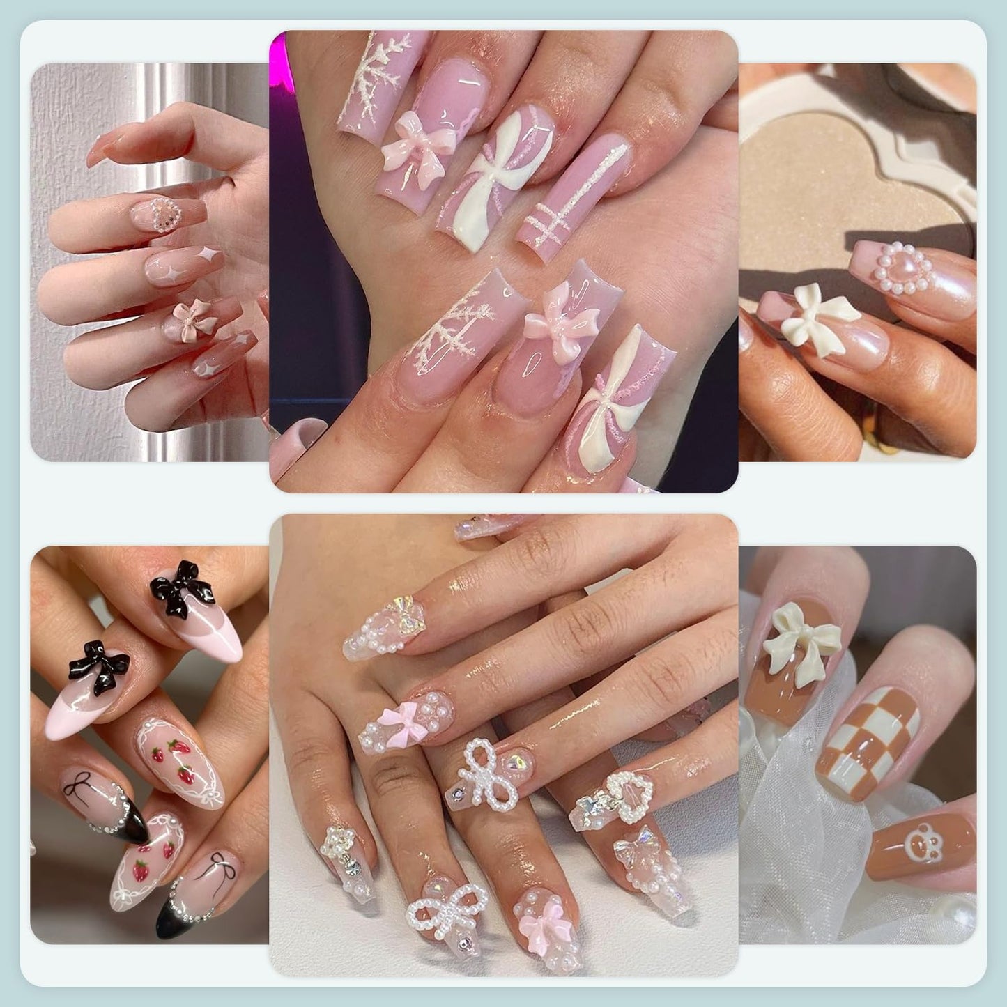 500 Pcs 3D Nail Charms and Flatback Pearls Set 9, Pink&White&Black Nail Bows + Pink&White Star Heart Cute Nail Jewels + 2-4mm White Nail Pearls for Nail Art DIY Decoration with Pickup Tools