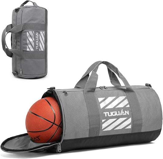 TUGUAN Basketball Gym Bags for Men Women Small Travel Duffle Bag Wet Pocket & Shoes Compartment Overnight Weekender Duffel Bag Sports Gym Tote bag Man 40L, grey