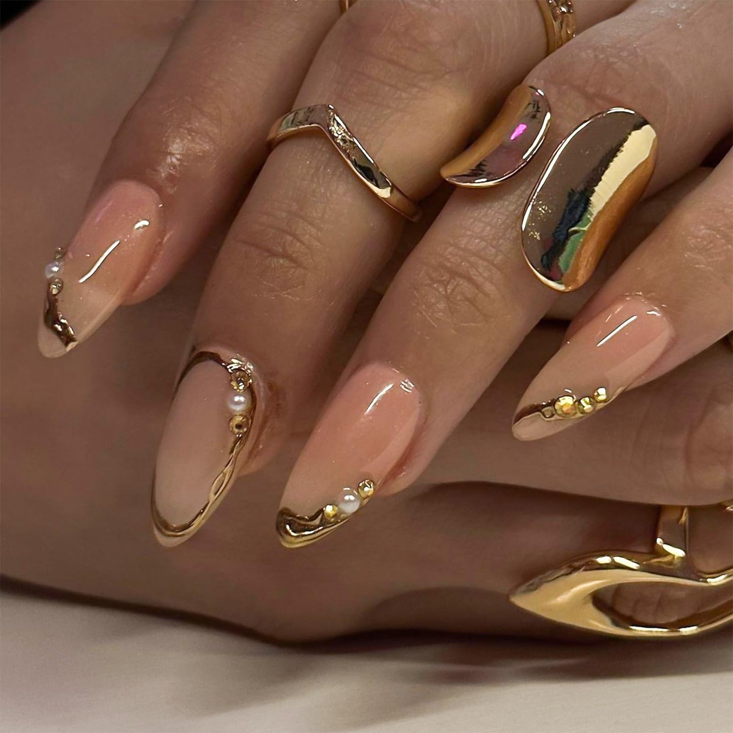 Gold French Tip Press on Nails Nude Fake Nails Medium Almond False Nails with Pearl Rhinestone Design Glossy Glue on Nails Artificial Acrylic Nail 3D Gold Stick on Nails for Women Girls Manicure 24Pcs
