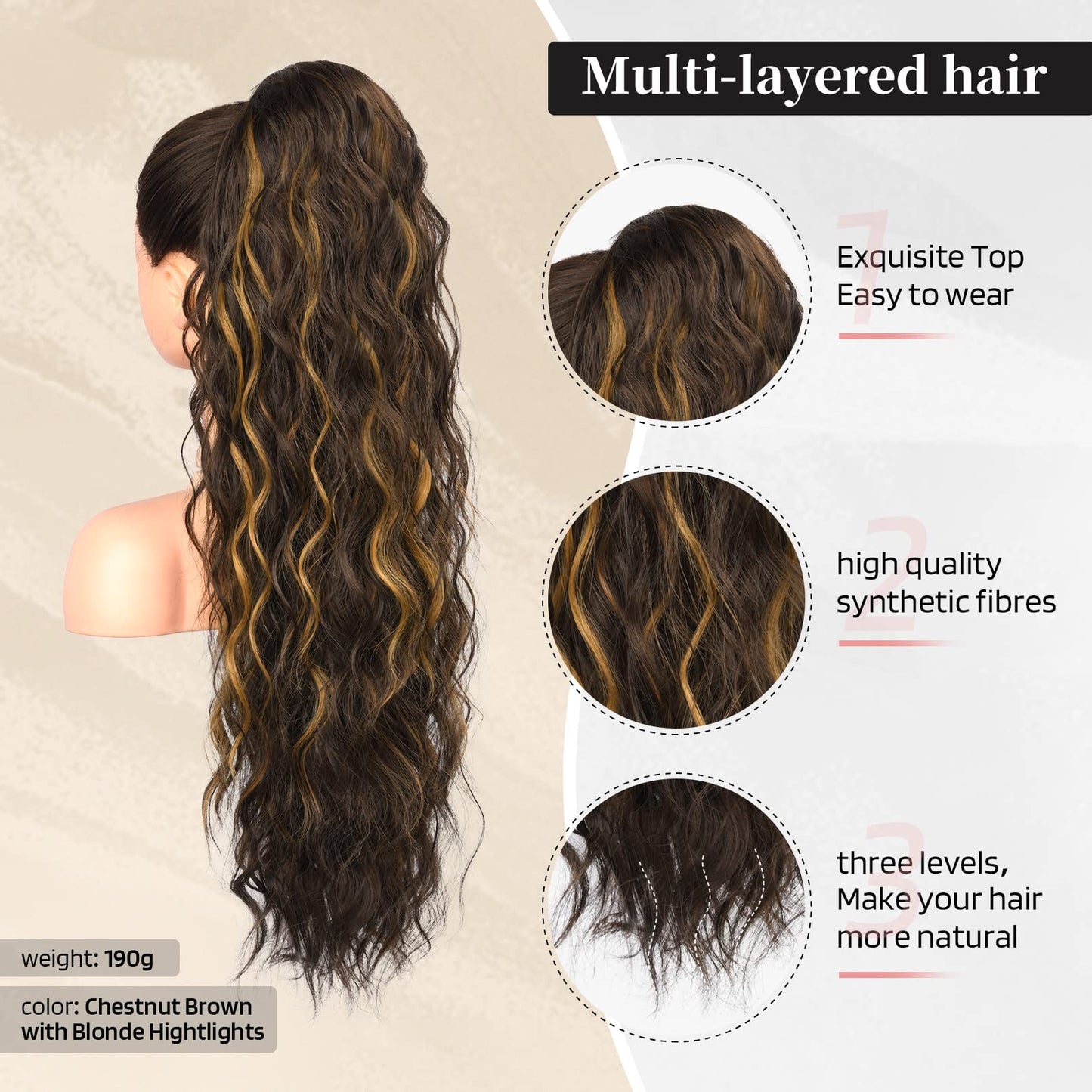 FLUFYMOOZ Ponytail Extension, 26 Inch Drawstring Ponytail Hair Extensions for Women, Long Curly Wavy Ponytail Natural Synthetic Hairpiece for Women (26" Chestnut Brown with Highlights)