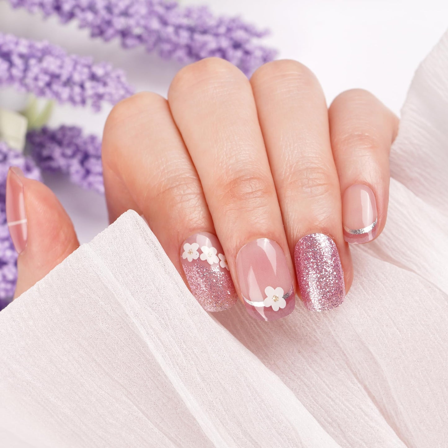 DANNI & TONI Semi Cured Gel Nail Strips Purple (Spring Whisper) French Tip Flowers Gel Nail Wraps UV Nails 28 Stickers