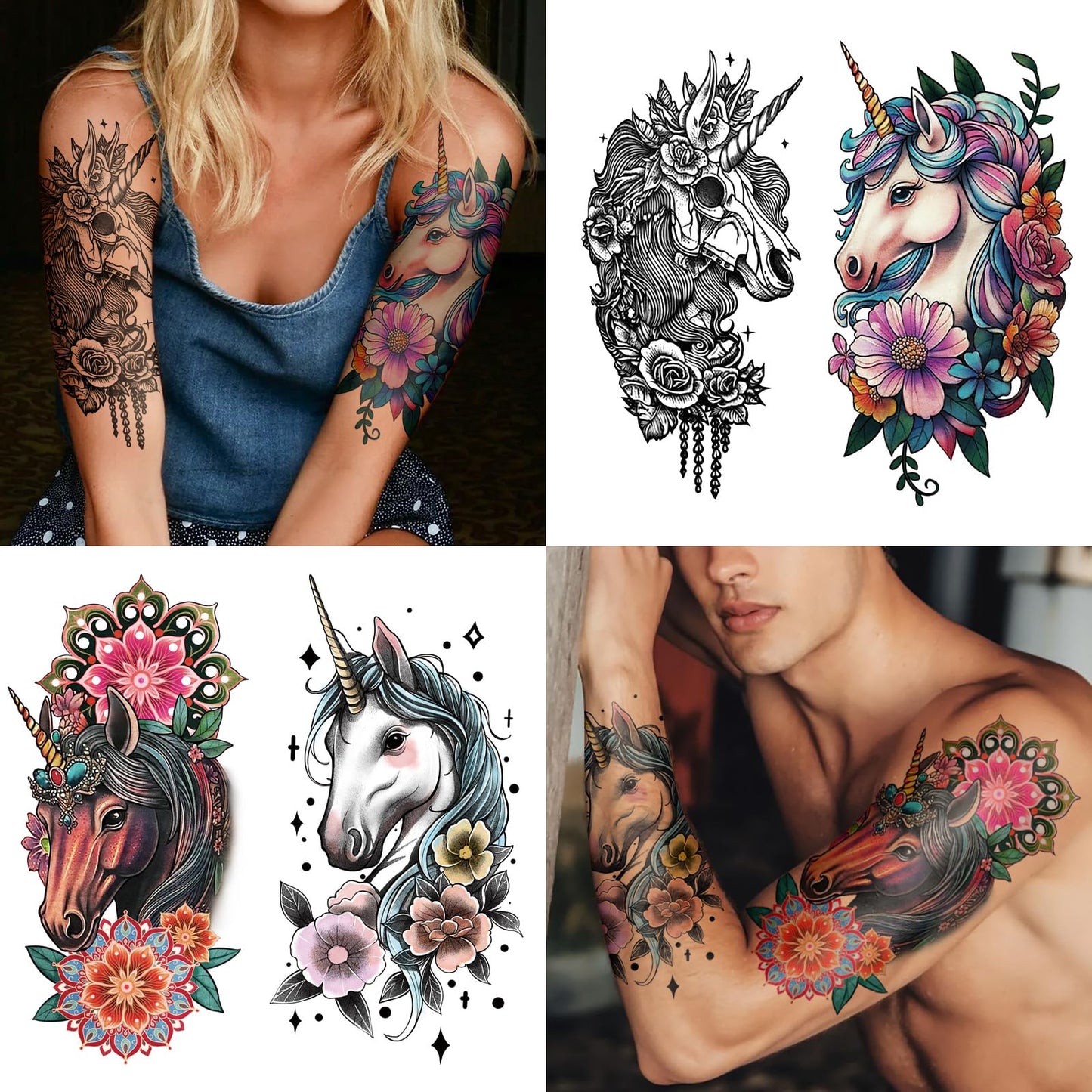 77 Sheets Temporary Tattoo for Women Men, 17 Sheets Half Arm Skull Flowers Tattoos, 60 Sheets Animals Tiny for Adult Kids Body Tattoos Stickers Waterproof Realistic Halloween Costume Decorations