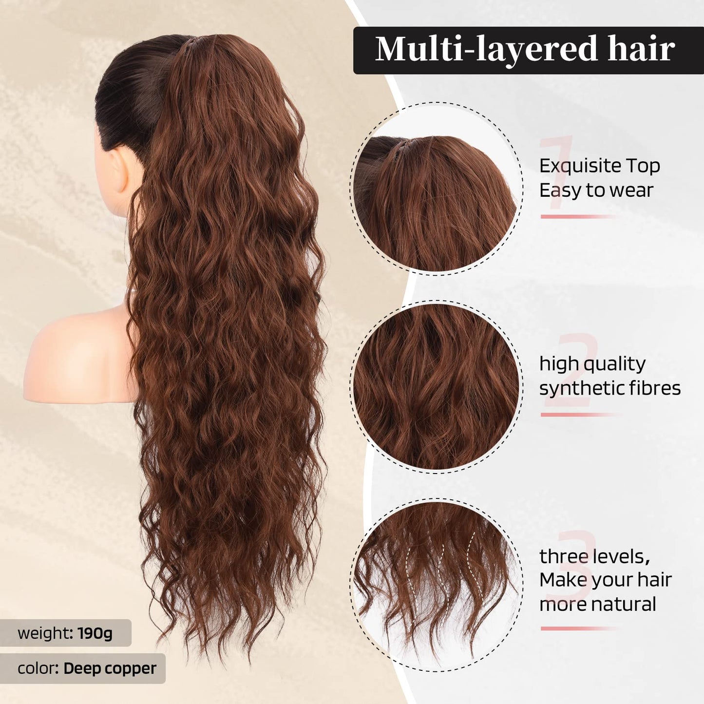 Flufymooz Ponytail Extension, 26 Inch Drawstring Ponytail Hair Extensions for Women, Long Curly Wavy Pony Tail Natural Wavy Synthetic Hairpiece for Women Daily Use party (26 Inch Deep copper)