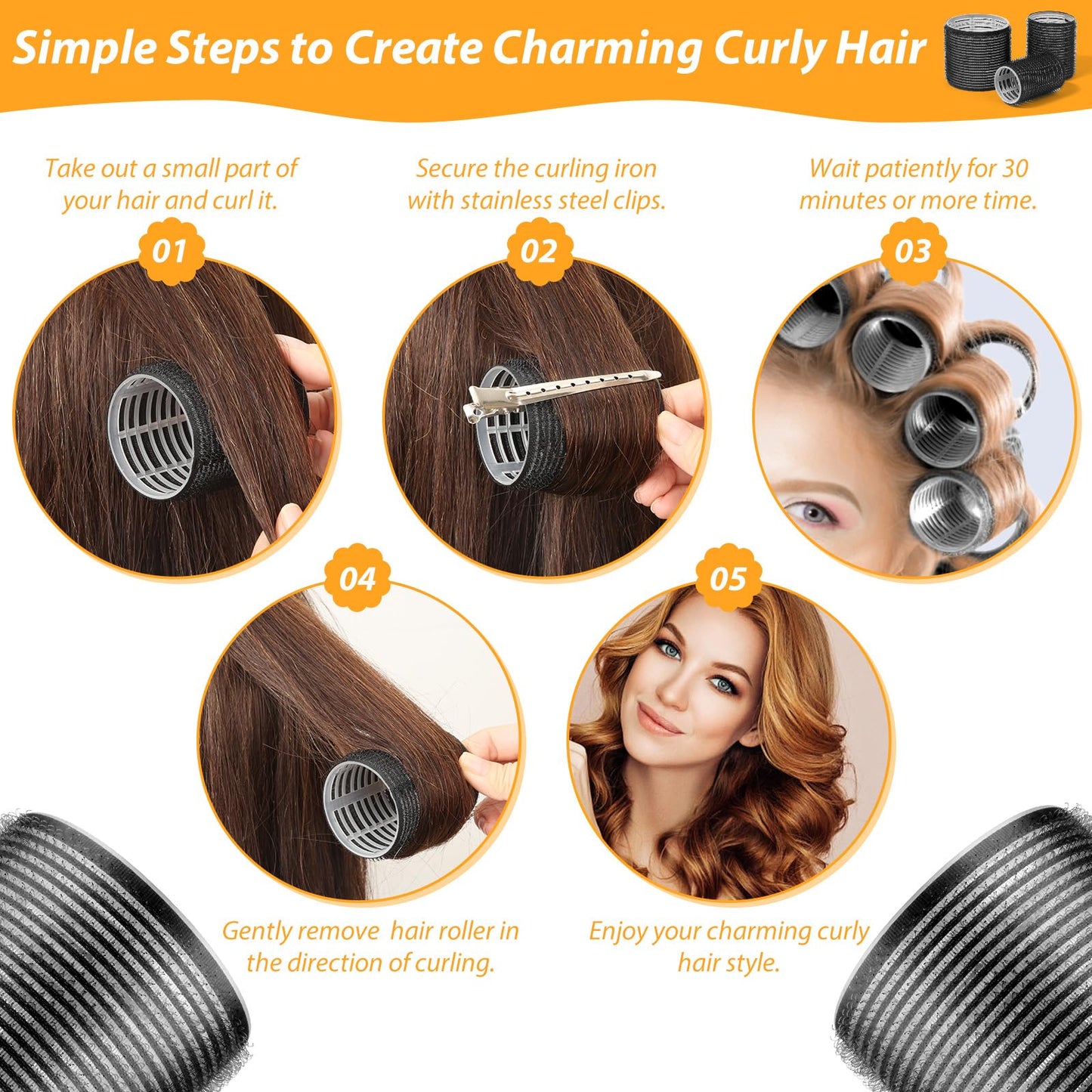 39PCS Self Grip Hair Rollers Curlers 3 Sizes Black Hair Roller 2.5in, 1.9in, 1.4in, Jumbo Curlers Roller with 12PCS Duckbill Clips Hair Rollers for Long Medium Short Thick Fine Volume Bangs