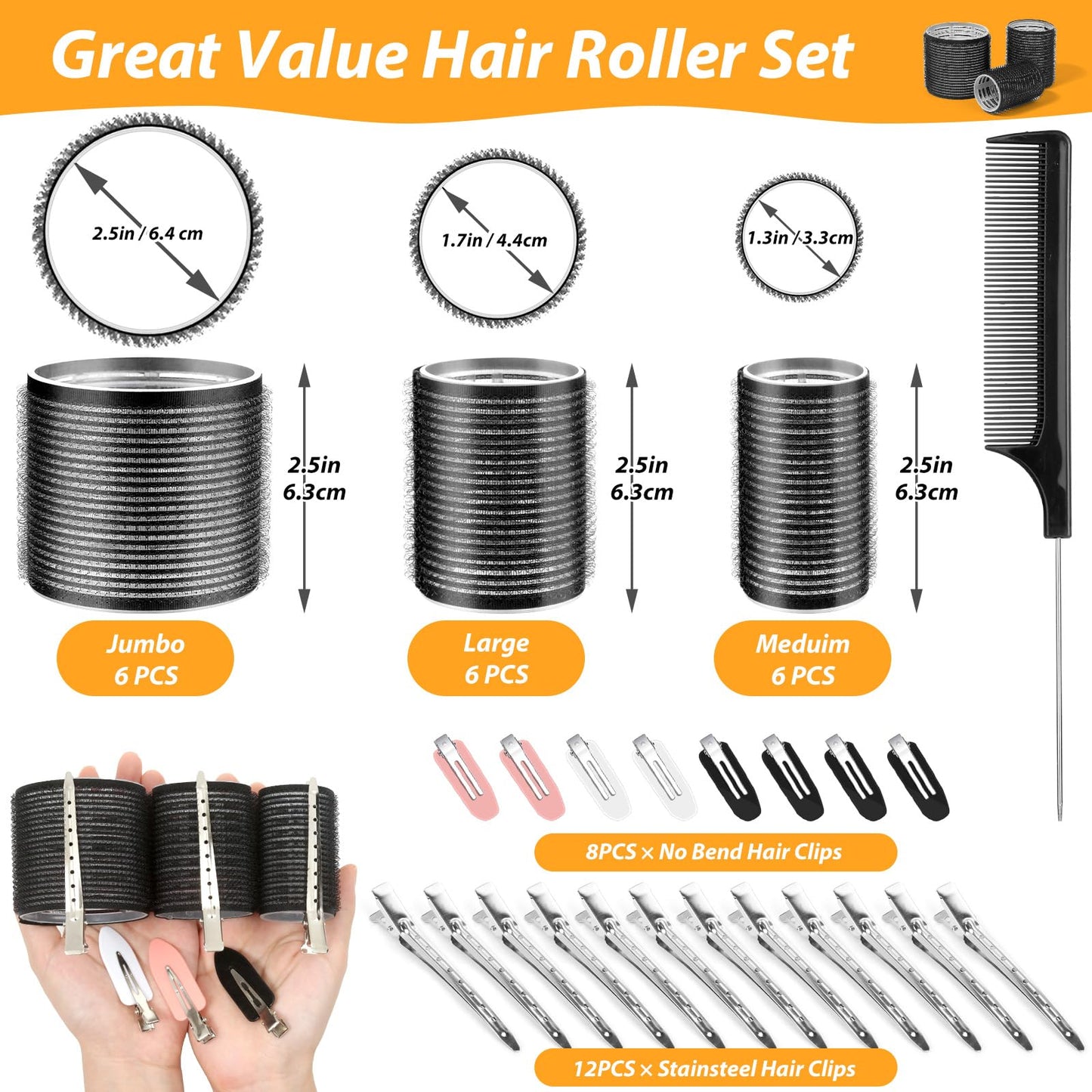 39PCS Self Grip Hair Rollers Curlers 3 Sizes Black Hair Roller 2.5in, 1.9in, 1.4in, Jumbo Curlers Roller with 12PCS Duckbill Clips Hair Rollers for Long Medium Short Thick Fine Volume Bangs