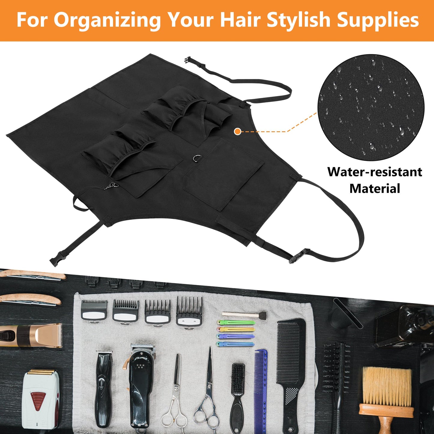 HODRANT Barber Apron for Men & Women, Water-resistant Hair Stylist Apron with Multiple Pockets & Adjustable Neck Strap for Hairdresser, Cosmetology