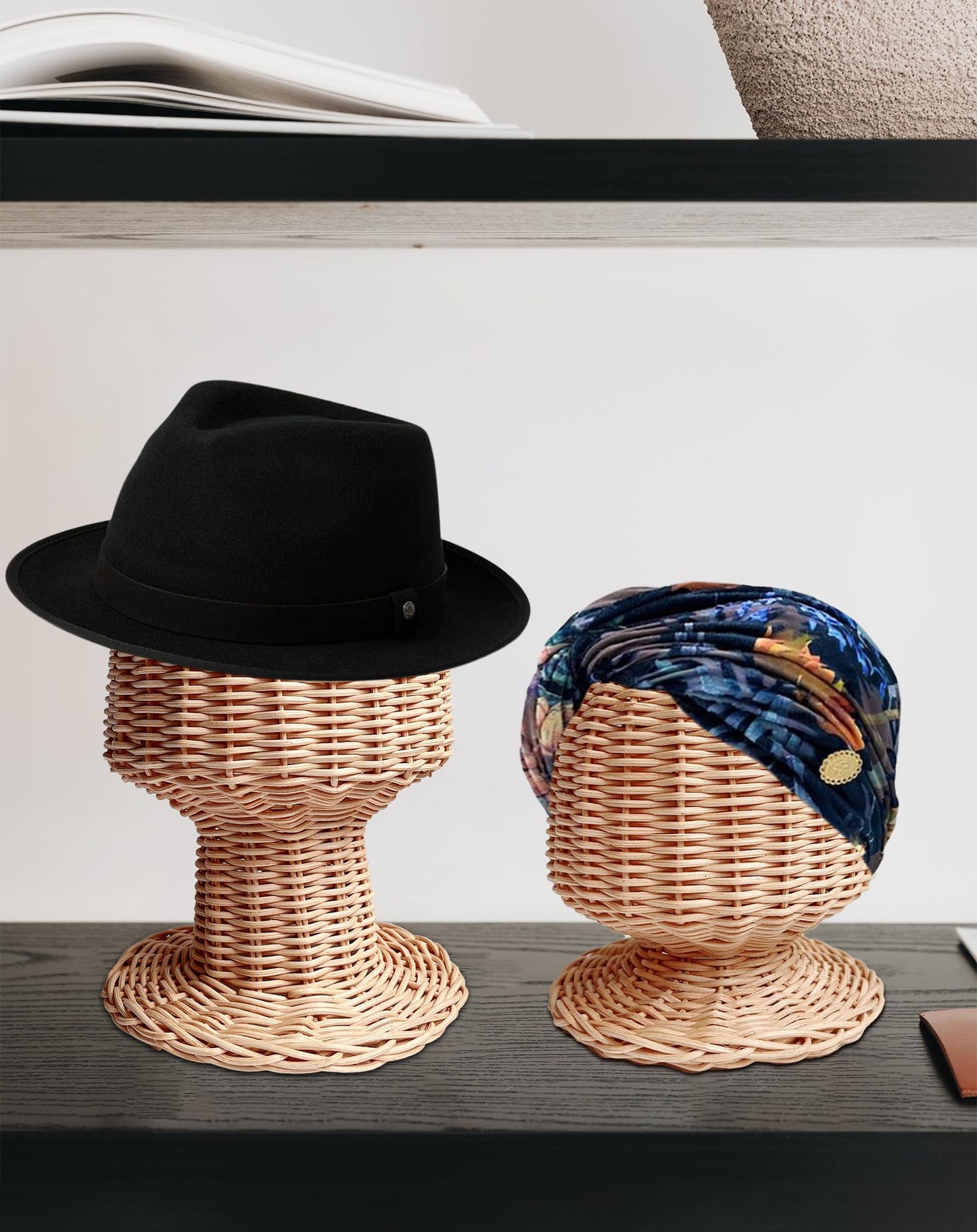 CHADWICK Mannequin Head Stand, Rattan Wig Stand, Hat & Wig Display Holder, Handmade Wicker Wig Head Stand, Vine Woven Hat Stands, Rustic Cap Rack for Home, Hair Salon, Showcase, Stable Base, Brown