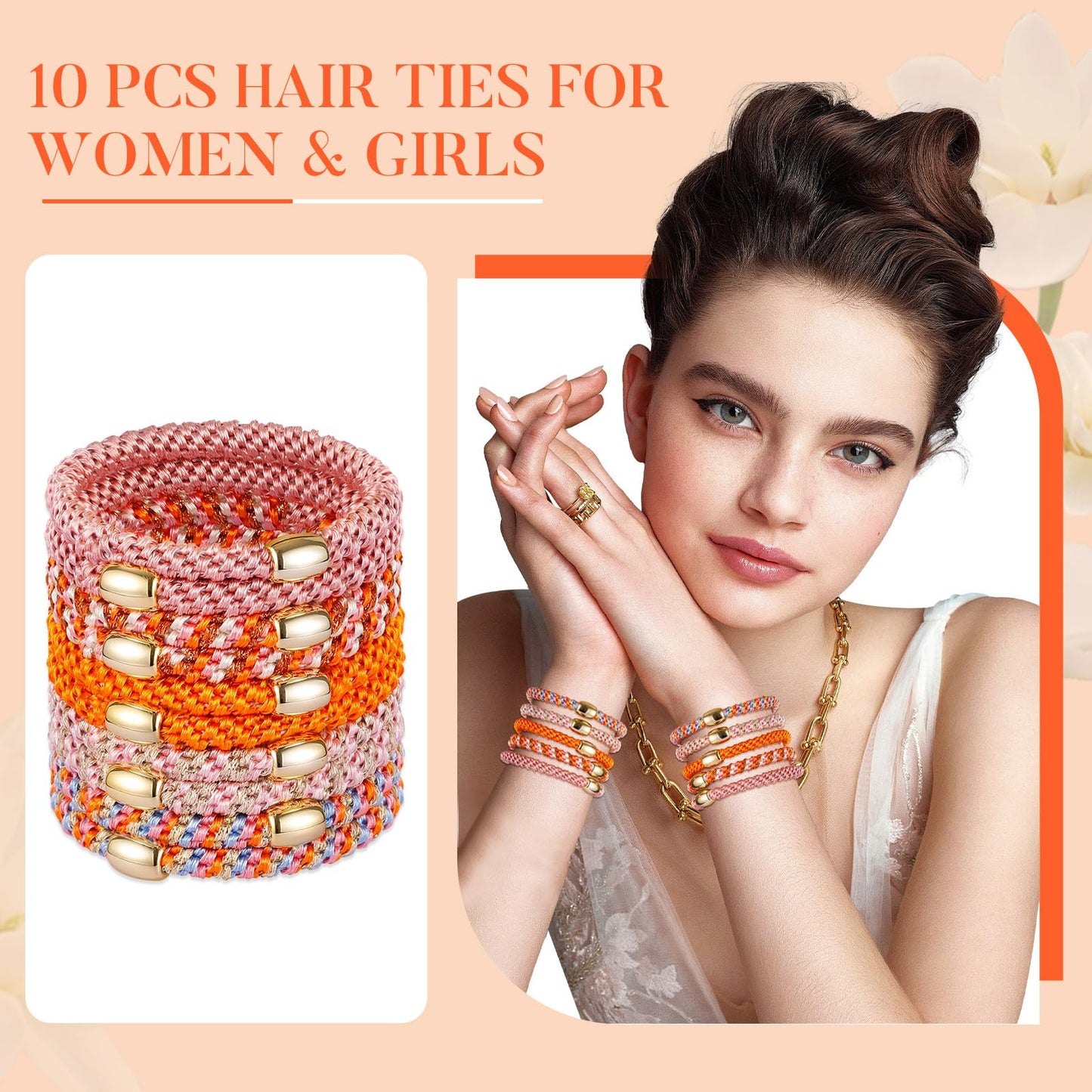 FORENEE Hair Ties No Damage - 10PCS Ponytail Holders - Elastic Hair Ties for Thick Hair - Braided Hair Bands for Women Girls's Hair - Persimmon Orange