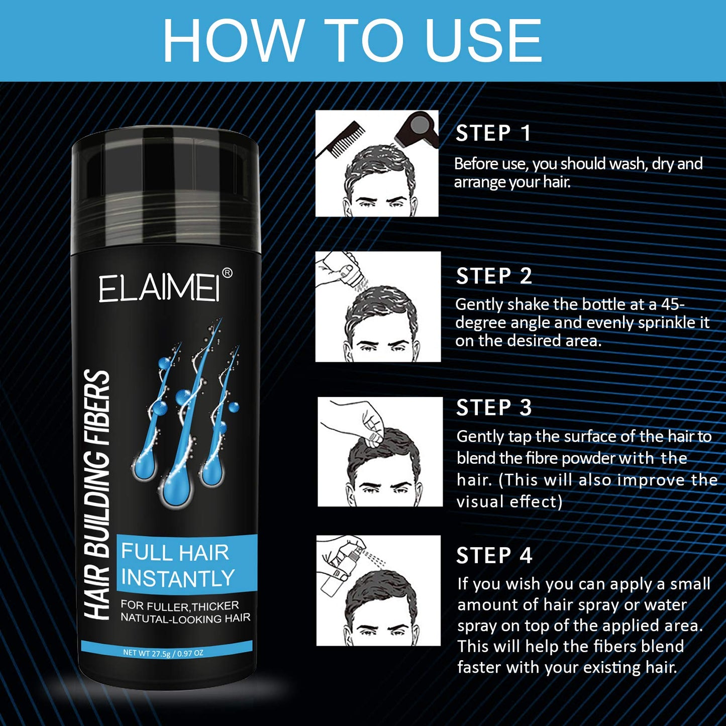 Hair Fibers for Thinning Hair, Natural Formula Hair Fiber, Hair Building Fibers Refill Thicker Hair in 15 Seconds, Conceals Hair Loss & Look Younger, Designed for Men & Women (Black)