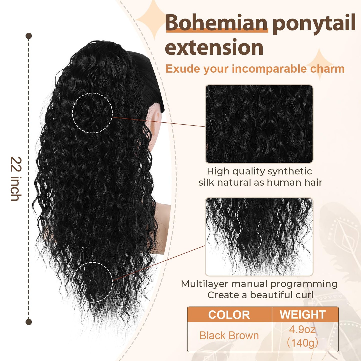 Flufymooz Ponytail Extension, 22 Inch Bohemian Style Drawstring Ponytail Hair Extensions for Women, Long Curly Wavy Pony Tail Natural Synthetic Hairpiece for Women (22 Inch Natural Black)