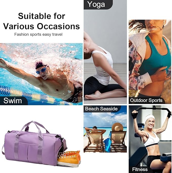 ZGWJ Sports Gym Bag with Wet Pocket & Shoes Compartment, Waterproof Shoulder Weekender Bag for Women and Men Swim Sports Travel Gym Bag Lightweight and easy Carry on Purple