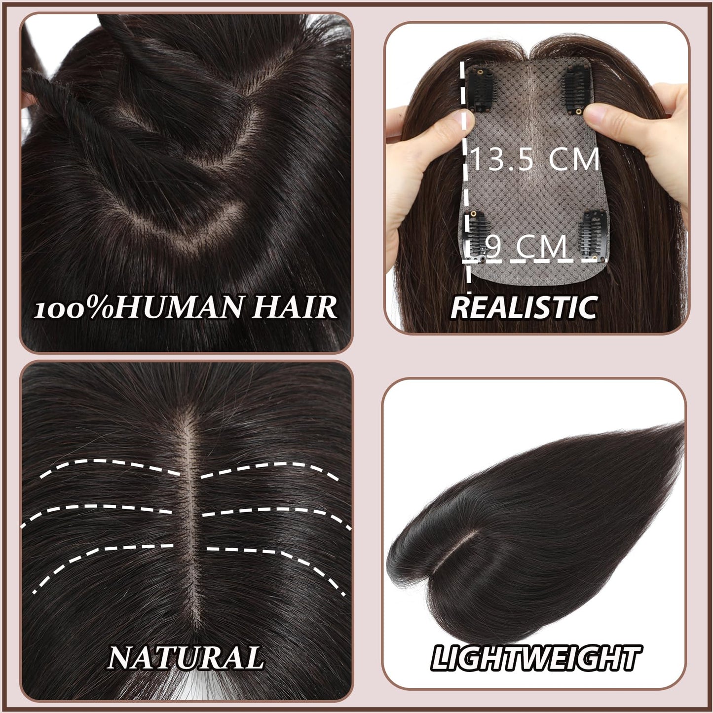 Hair Toppers for Women Real Human Hair, 360° 3D Human with Thinning Upgrade Middle Part Clip in Bangs Topper Hair Pieces for Women Daily(Medium Dark Brown, 14 Inch)