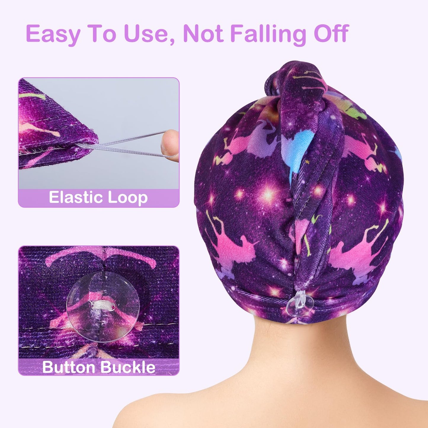 FIOBEE Microfiber Hair Towel Wrap for Kid Rapid Drying Towel Absorbent Hair Turbans for Wet Hair with Button Women Girls Long Curly Hair Pack of 2, Deep Purple Unicorn