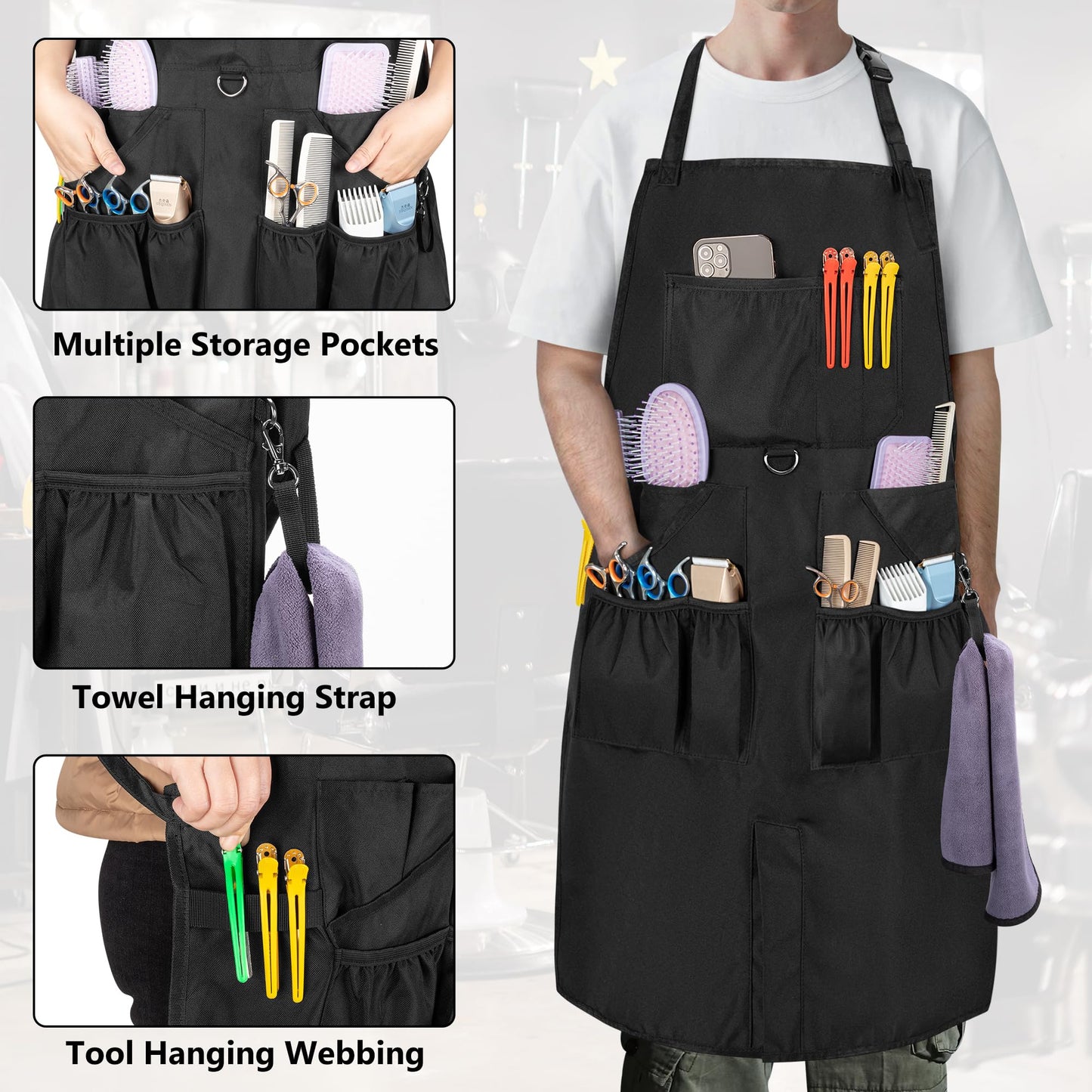 HODRANT Barber Apron for Men & Women, Water-resistant Hair Stylist Apron with Multiple Pockets & Adjustable Neck Strap for Hairdresser, Cosmetology