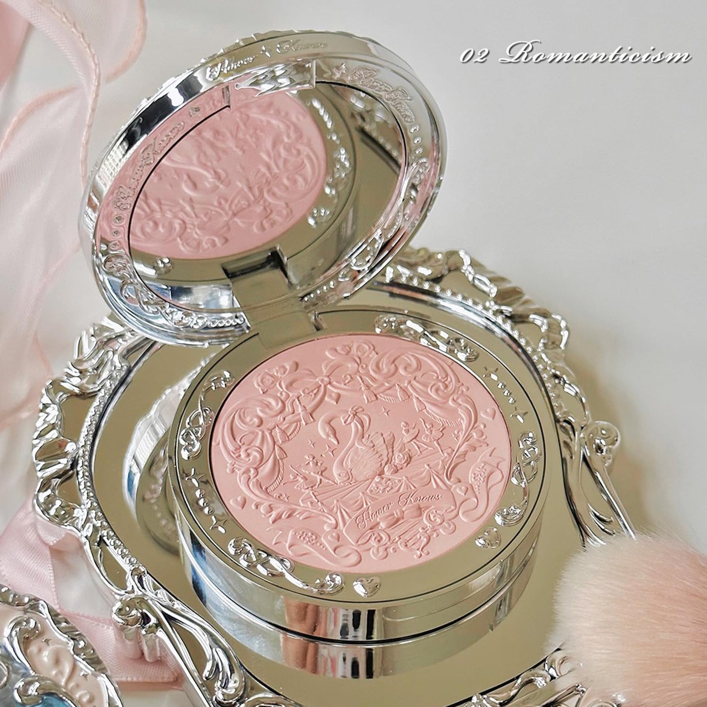 Flower Knows Swan Ballet Embossed Blush,Matte Finish,Buildable & Blendable Makeup Blush for Cheeks,Soft & Long-lasting for Girls & Women(02 Romanticism,5g)