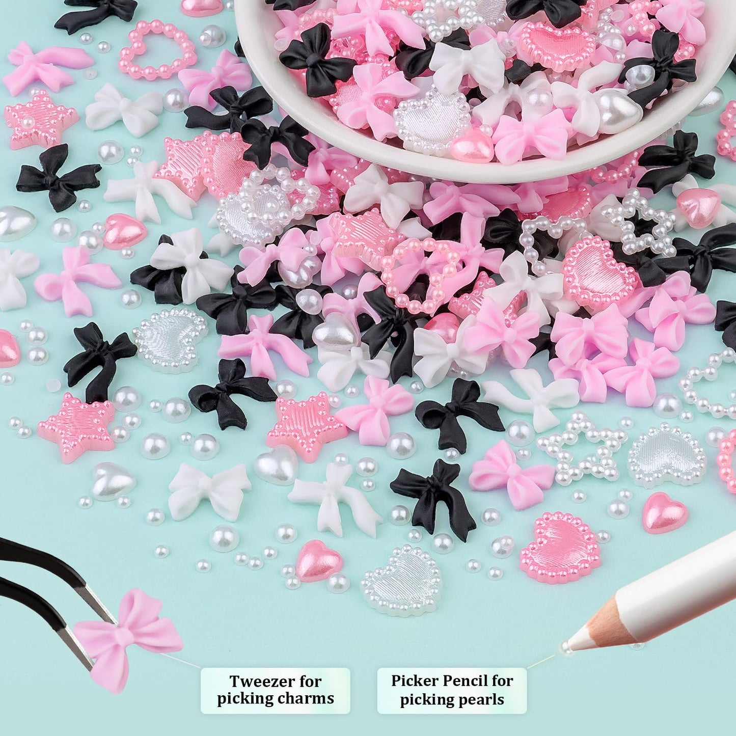 500 Pcs 3D Nail Charms and Flatback Pearls Set 9, Pink&White&Black Nail Bows + Pink&White Star Heart Cute Nail Jewels + 2-4mm White Nail Pearls for Nail Art DIY Decoration with Pickup Tools