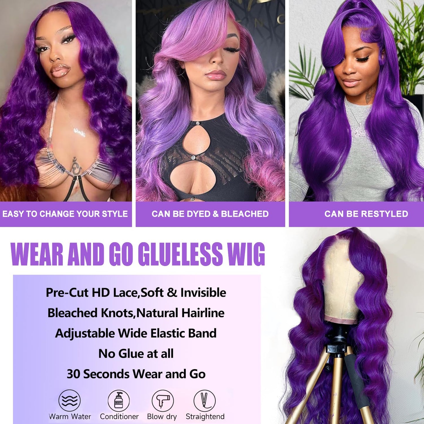 Glueless Purple Lace Front Wigs Human Hair for Women 5x5 Purple Body Wave Frontal Wigs 200% Density Pre Plucked HD Transparent Lace Closure Colored Human Hair Wig 18 Inch