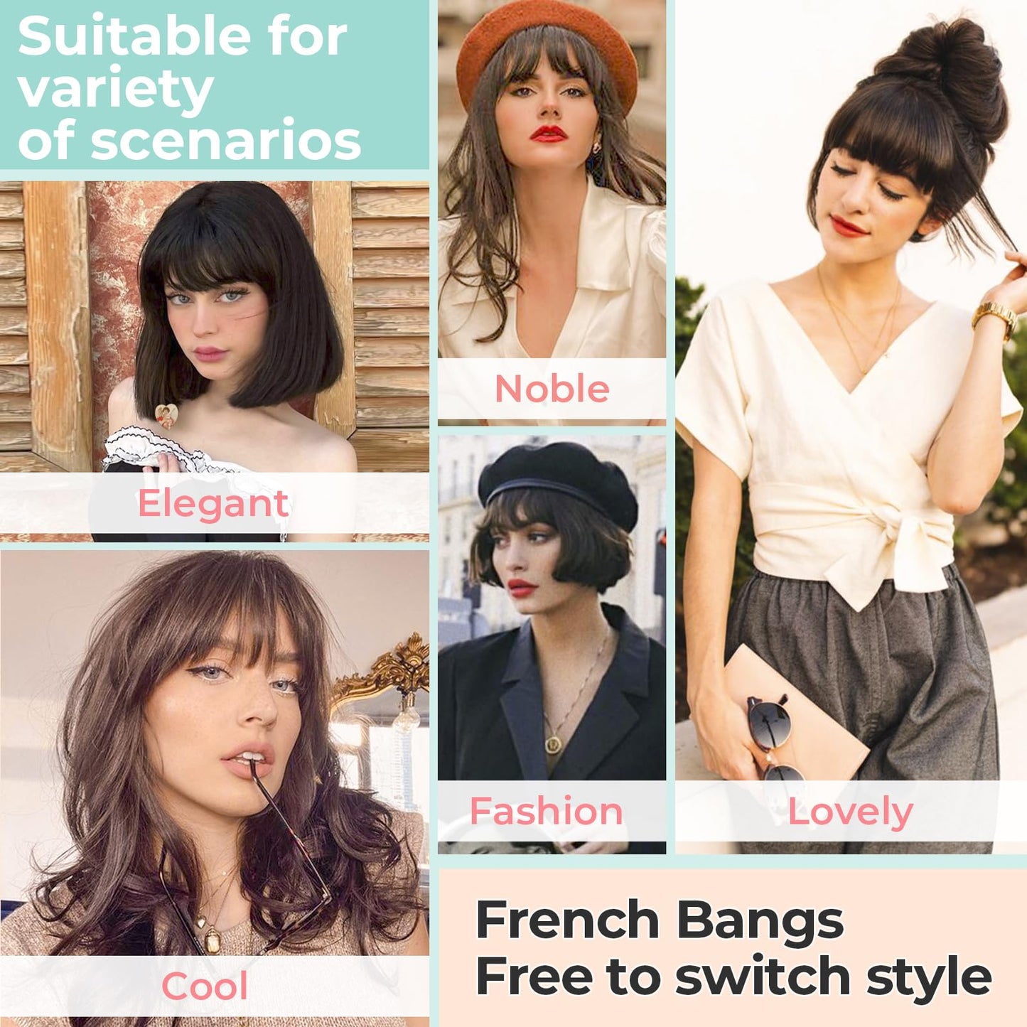 Cephermer Clip in Bangs, Synthetic French Bangs Hair Clip, Fake Bangs Fringe with Temples Hairpieces for Women Natural Curved Bangs Clip in Hair Extensions for Daily Wear Dark Brown