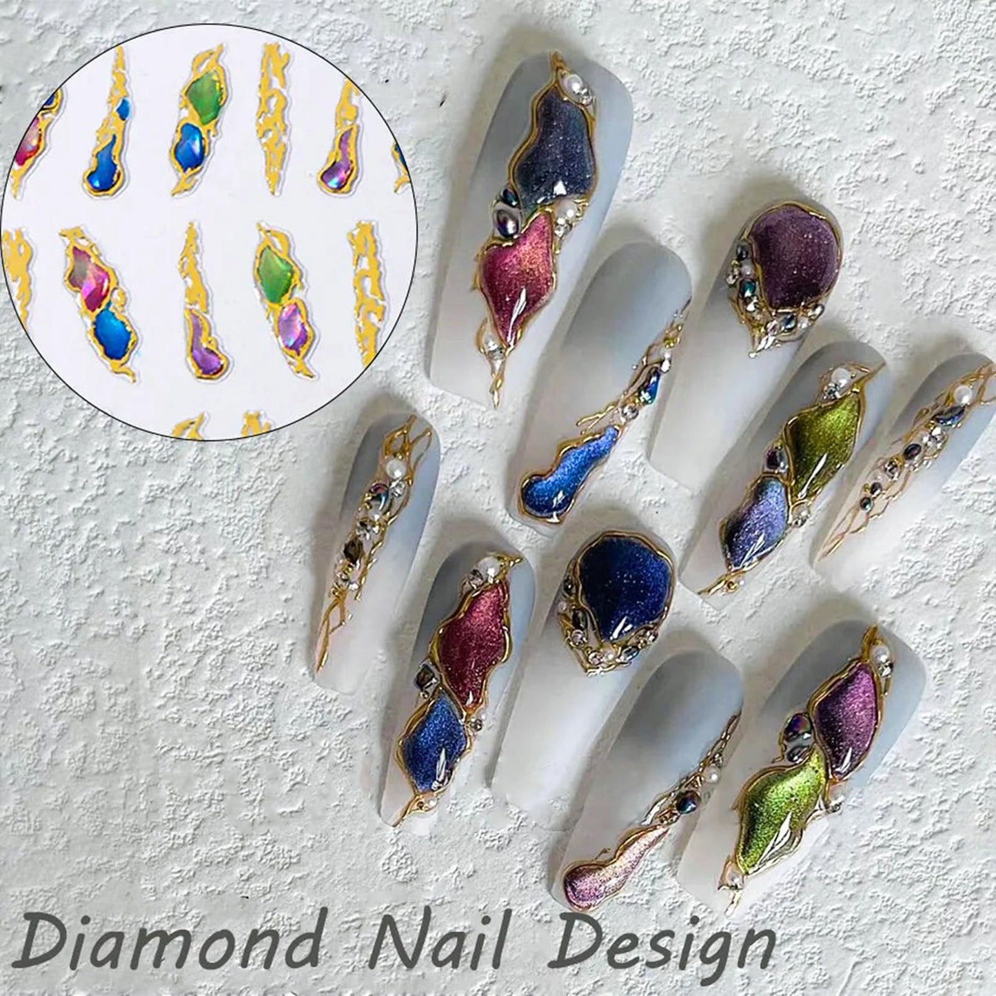 5D Gem Nail Art Sticker Decals Self Adhesive Crystal Rhinestone Embossed Nail Stickers Gem Design 5 Sheet