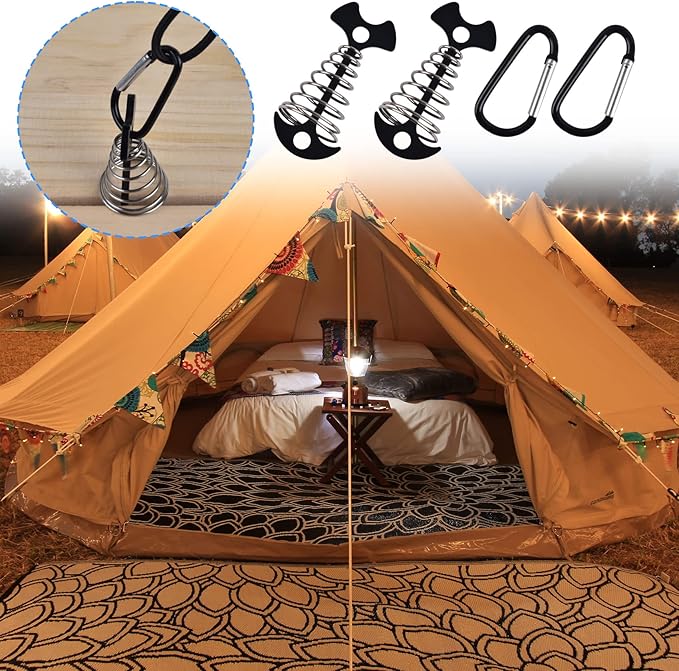 Deck Anchor Pegs,6Pcs Aluminium Alloy Fishbone Tent Stakes Pegs with Carabiners Clips,Windproof Deck Plank Board Tent Pegs Cord with Spring Rope Buckle,Adjuster Tensioner Set for Camping Hiking