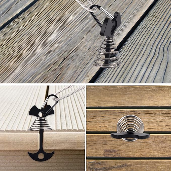 Deck Anchor Pegs,6Pcs Aluminium Alloy Fishbone Tent Stakes Pegs with Carabiners Clips,Windproof Deck Plank Board Tent Pegs Cord with Spring Rope Buckle,Adjuster Tensioner Set for Camping Hiking