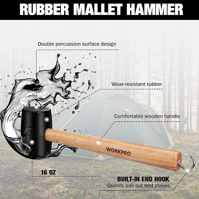 WORKPRO Tent Stakes and Hammer Set, 16oz Rubber Mallet Hammer, Wooden Handle, 10PC Heavy Duty Metal Tent Stakes and Storage Bag, DIY Woodworking, Camping Accessories for Ground, Camp and Graden
