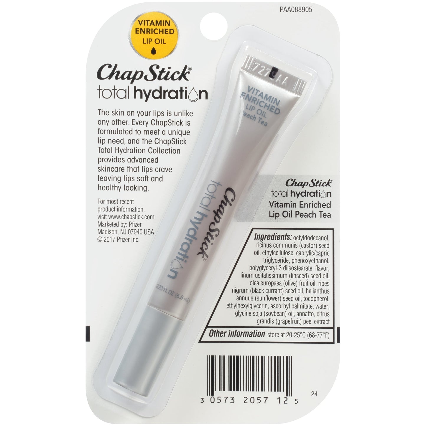 Chapstick Total Hydration Vitamin Enriched Lip Oil, Non Tinted, Vitamin c, vitamin E, Contains Omega 3 6 9, Peach Tea Flavor, 0.23 Fl Oz (Pack of 1)