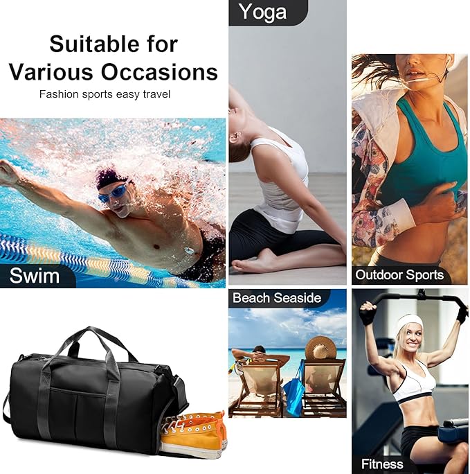 ZGWJ Sports Gym Bag with Wet Pocket & Shoes Compartment, Waterproof Shoulder Weekender Bag for Women and Men Swim Sports Travel Gym Bag Lightweight and easy Carry on Black