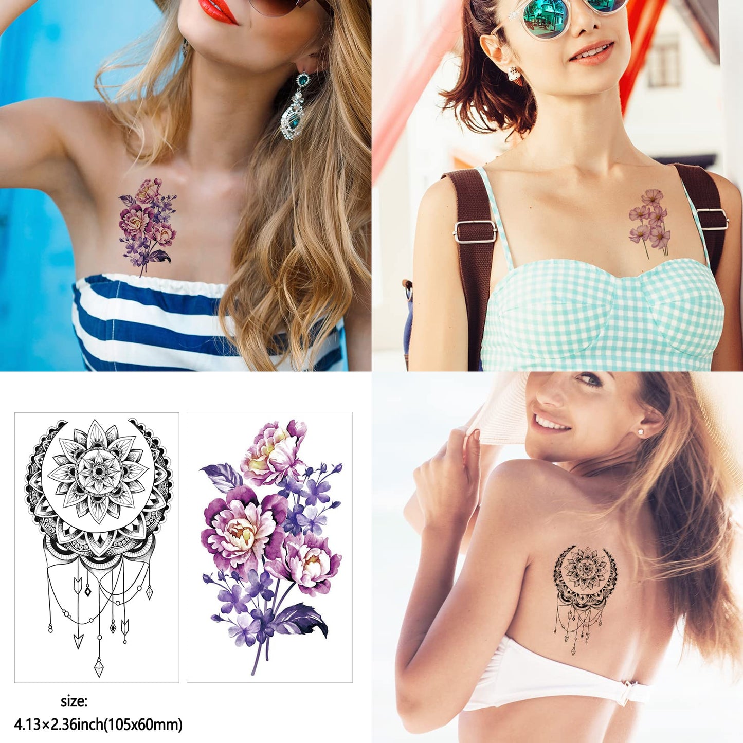 72 Sheets Temporary Tattoos for Women and Girls, Flower / Butterfly Temporary Tattoo, Fake Black Tiny Body Art Sticker