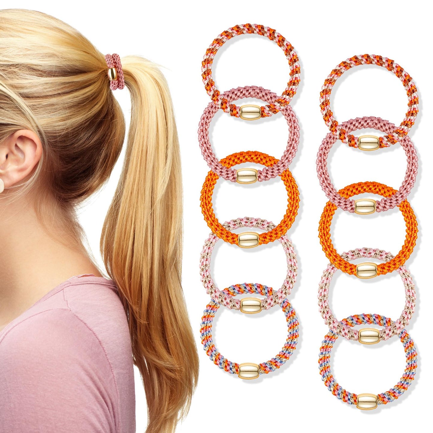 FORENEE Hair Ties No Damage - 10PCS Ponytail Holders - Elastic Hair Ties for Thick Hair - Braided Hair Bands for Women Girls's Hair - Persimmon Orange