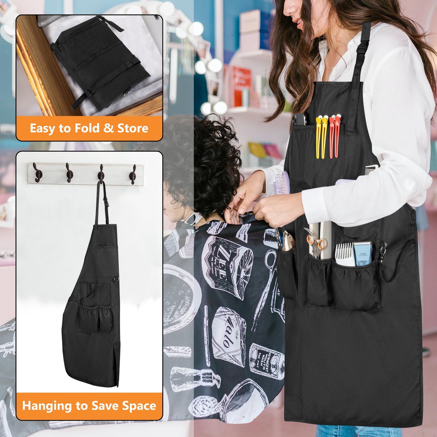 HODRANT Barber Apron for Men & Women, Water-resistant Hair Stylist Apron with Multiple Pockets & Adjustable Neck Strap for Hairdresser, Cosmetology