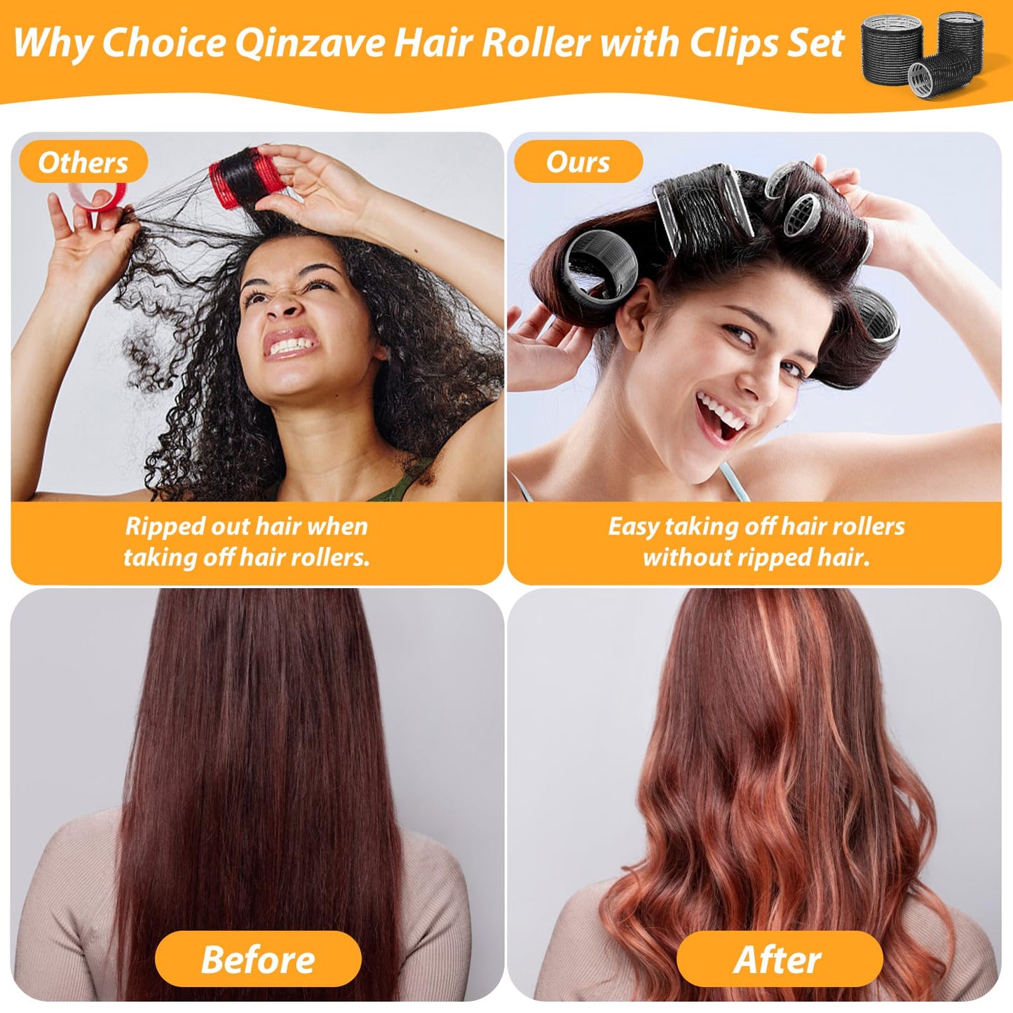 39PCS Self Grip Hair Rollers Curlers 3 Sizes Black Hair Roller 2.5in, 1.9in, 1.4in, Jumbo Curlers Roller with 12PCS Duckbill Clips Hair Rollers for Long Medium Short Thick Fine Volume Bangs