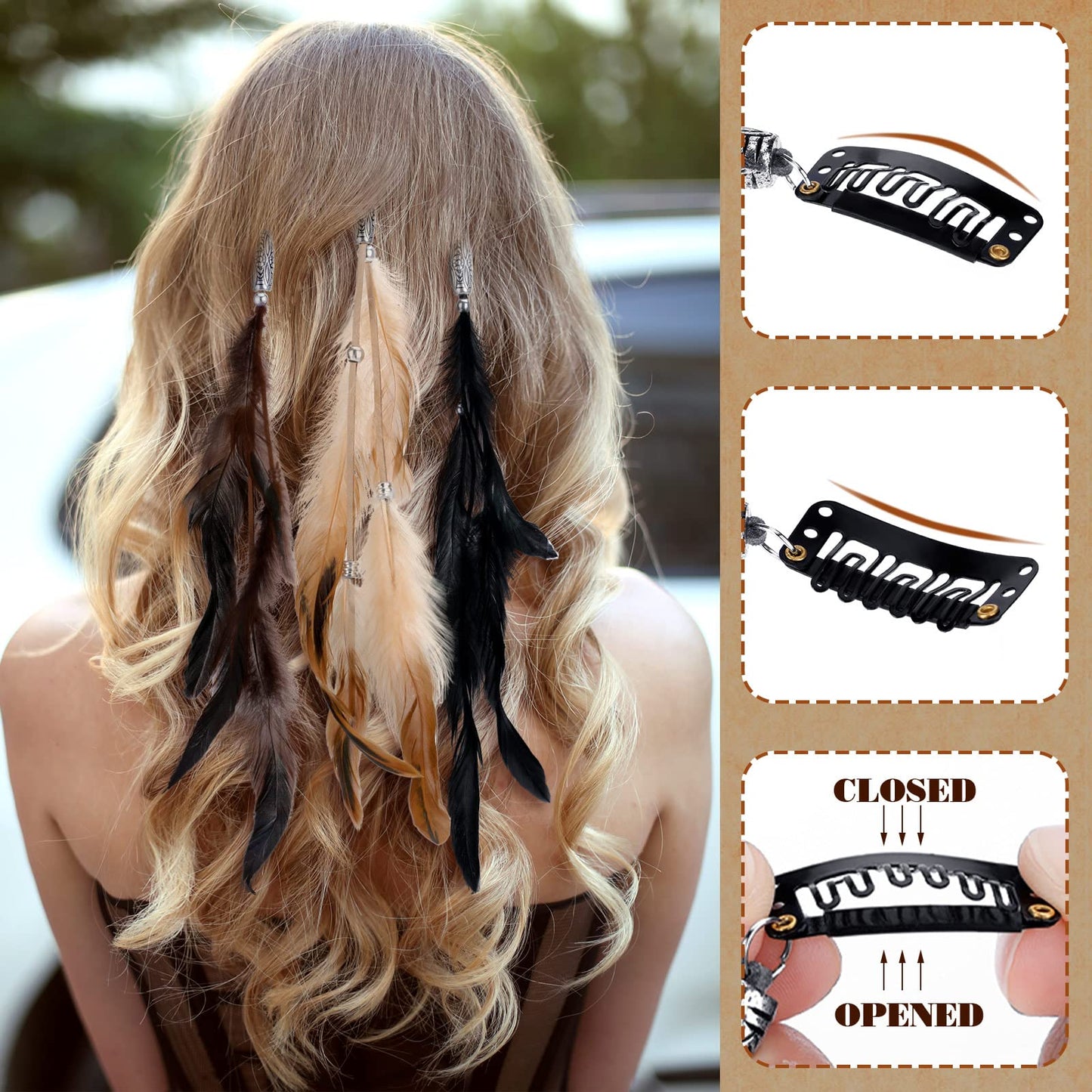 Geyoga 12 Pcs Feather Hair Extensions Colored Clip in Hair Feathers for Women Carnival Cosplay Costume Summer Party Headdress Boho Feather Clip Accessory Gifts(Brown, Black, Dark Coffee)