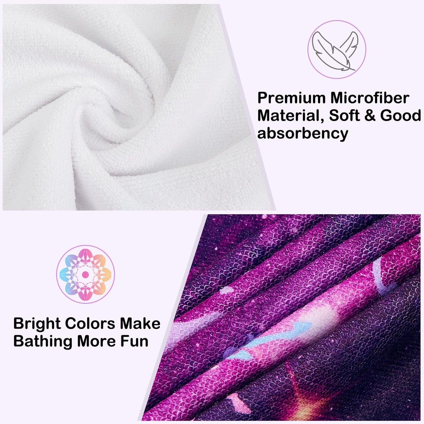 FIOBEE Microfiber Hair Towel Wrap for Kid Rapid Drying Towel Absorbent Hair Turbans for Wet Hair with Button Women Girls Long Curly Hair Pack of 2, Deep Purple Unicorn