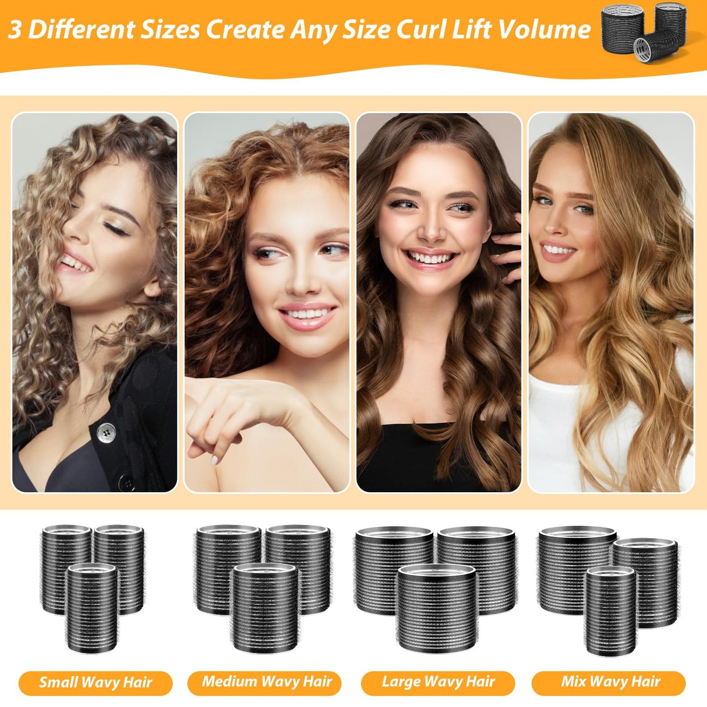 39PCS Self Grip Hair Rollers Curlers 3 Sizes Black Hair Roller 2.5in, 1.9in, 1.4in, Jumbo Curlers Roller with 12PCS Duckbill Clips Hair Rollers for Long Medium Short Thick Fine Volume Bangs