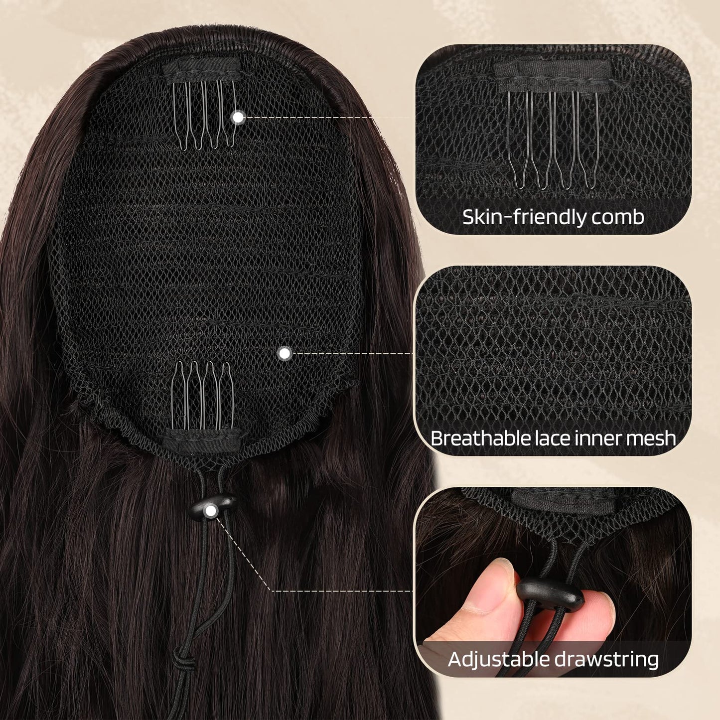 FLUFYMOOZ Ponytail Extension, 26 Inch Drawstring Ponytail Hair Extensions for Women, Long Curly Wavy Ponytail Natural Synthetic Hairpiece for Women (26" Chestnut Brown with Highlights)