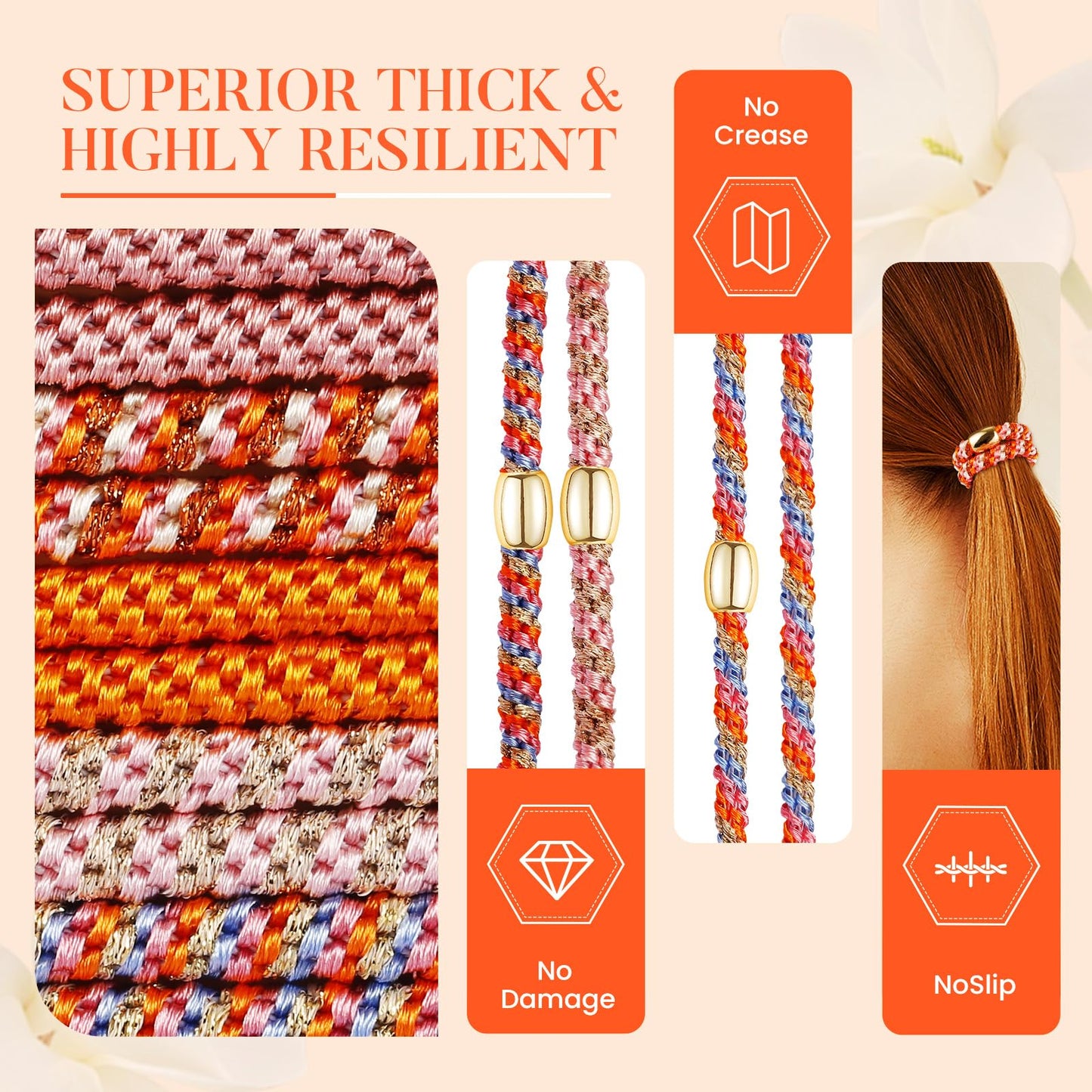 FORENEE Hair Ties No Damage - 10PCS Ponytail Holders - Elastic Hair Ties for Thick Hair - Braided Hair Bands for Women Girls's Hair - Persimmon Orange