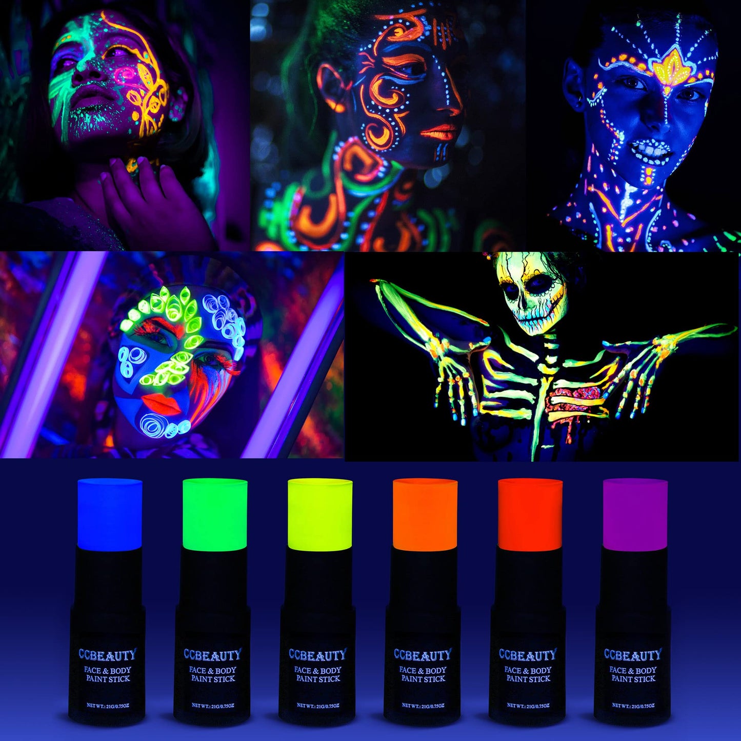 CCBeauty Neon Pink Face Body Paint Stick Oil, Hot Pink Eye Black, Face Painting Kit Glow in the Black Lights Clown Makeup, Halloween Hypoallergenic Foundation for Cosplay Costume Parites