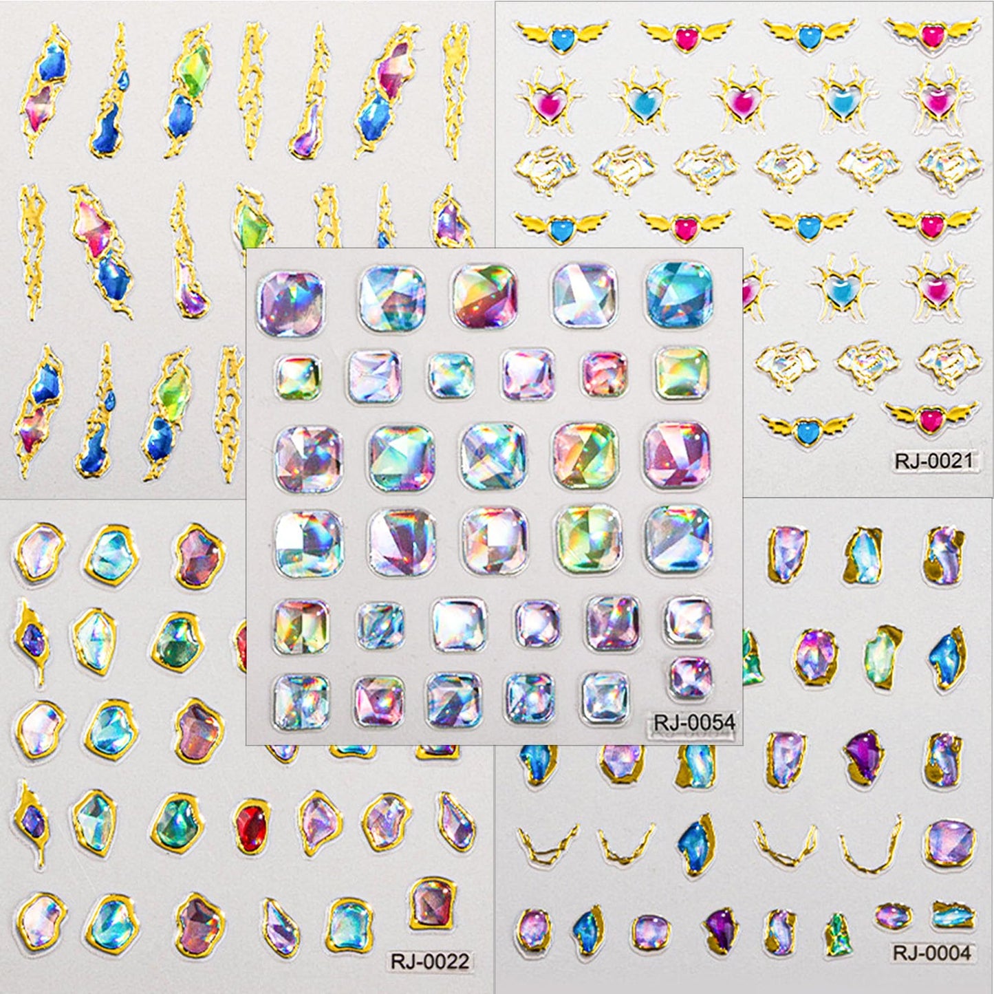 5D Gem Nail Art Sticker Decals Self Adhesive Crystal Rhinestone Embossed Nail Stickers Gem Design 5 Sheet