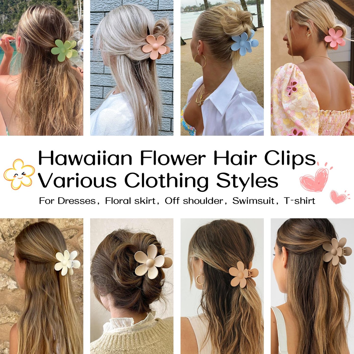 Flower Hair Clips 8PCS, Large Claw Clips for Women Girls Thick Thin Hair, Strong Hold Nonslip Big Dasiy Jaw Clamps Matte Hair Accessories 8 Colors