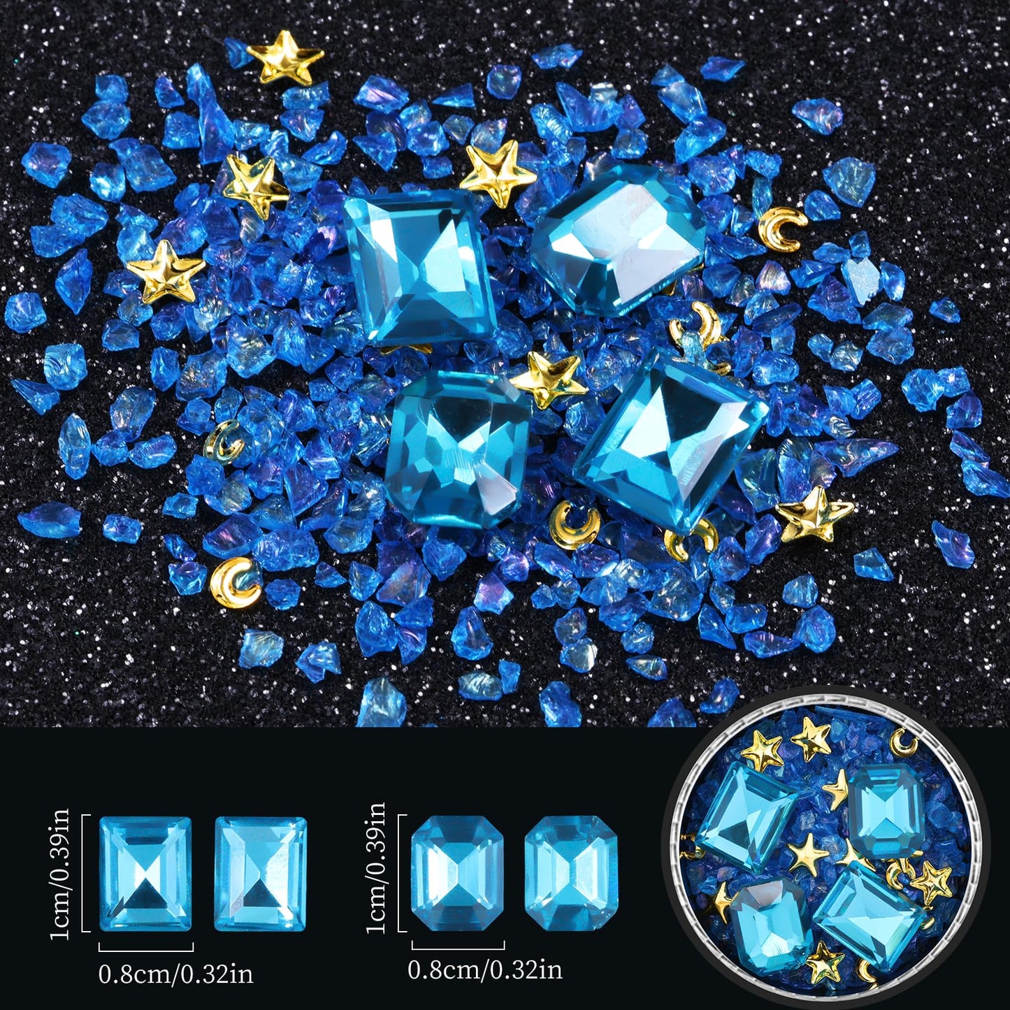 6 Wheels Mixed Sparkle Nail Art Rhinestones Diamonds Crystals Butterfly Beads Artificial Pearls Gold Silver Nail Studs Gems Metal Hollow Rivets Charms (Lake Blue)
