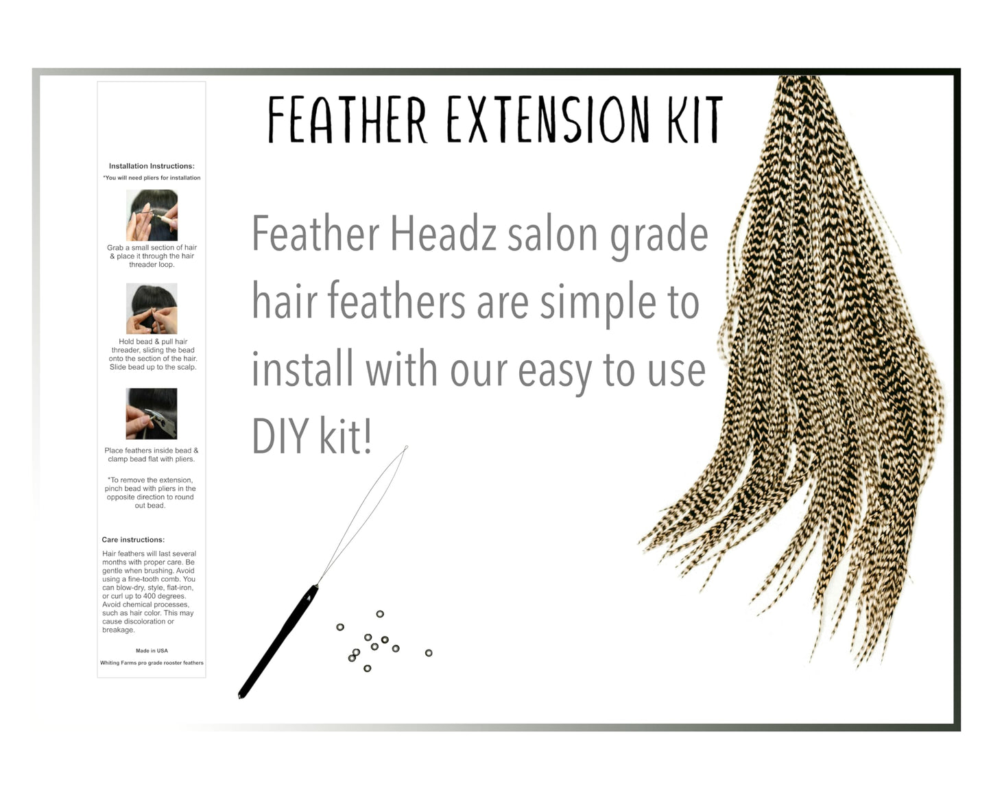 50 Grizzly Color Hair Feathers - 9”- 14” Long - Feathers for Hair Extension, Hair Extension DIY Kit - Eye-Catching Design - 50 Micro-link Beads - 100% Real Rooster Feathers