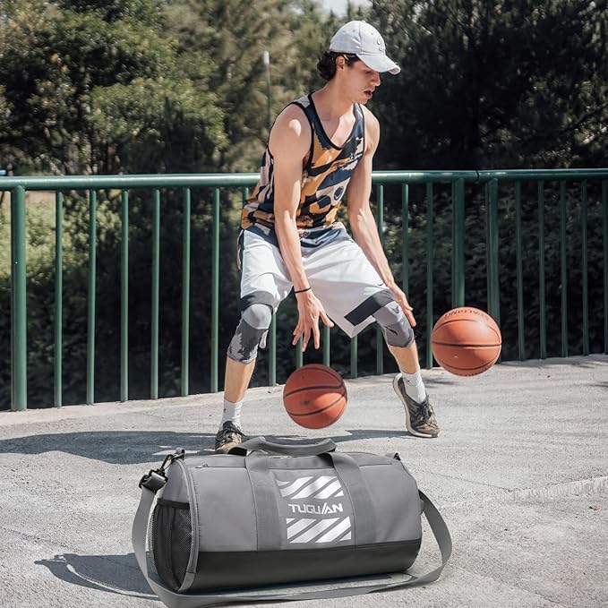 TUGUAN Basketball Gym Bags for Men Women Small Travel Duffle Bag Wet Pocket & Shoes Compartment Overnight Weekender Duffel Bag Sports Gym Tote bag Man 40L, grey