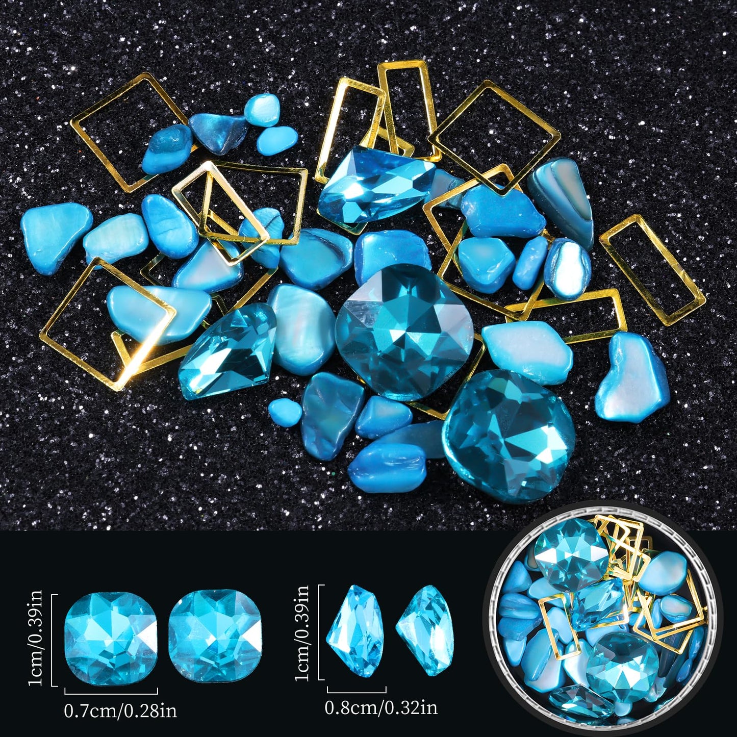 6 Wheels Mixed Sparkle Nail Art Rhinestones Diamonds Crystals Butterfly Beads Artificial Pearls Gold Silver Nail Studs Gems Metal Hollow Rivets Charms (Lake Blue)