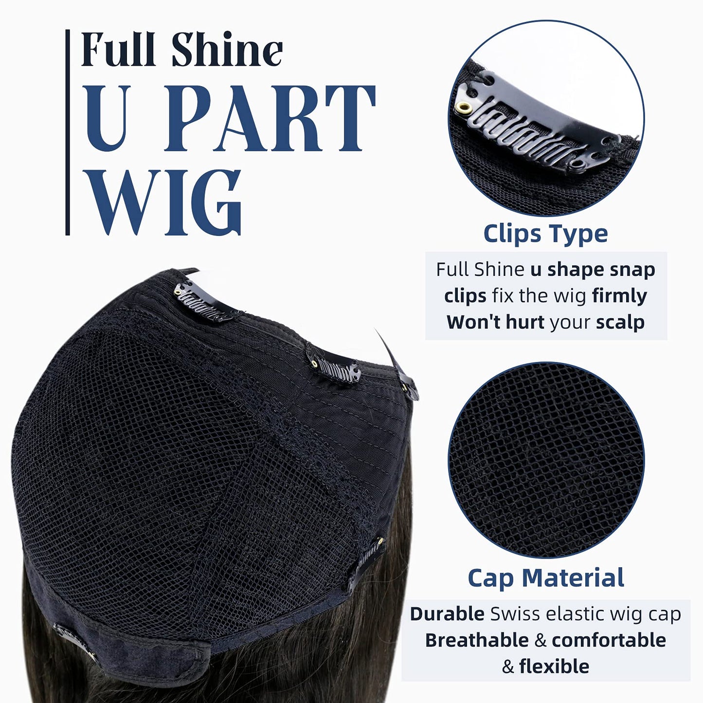 Full Shine U Part Human Hair Wig Natural Half Part Wig Human Hair Straight Off Black Hair Pieces 12Inch One Piece Half Wigs for Women Human Hair Wig 100Grams