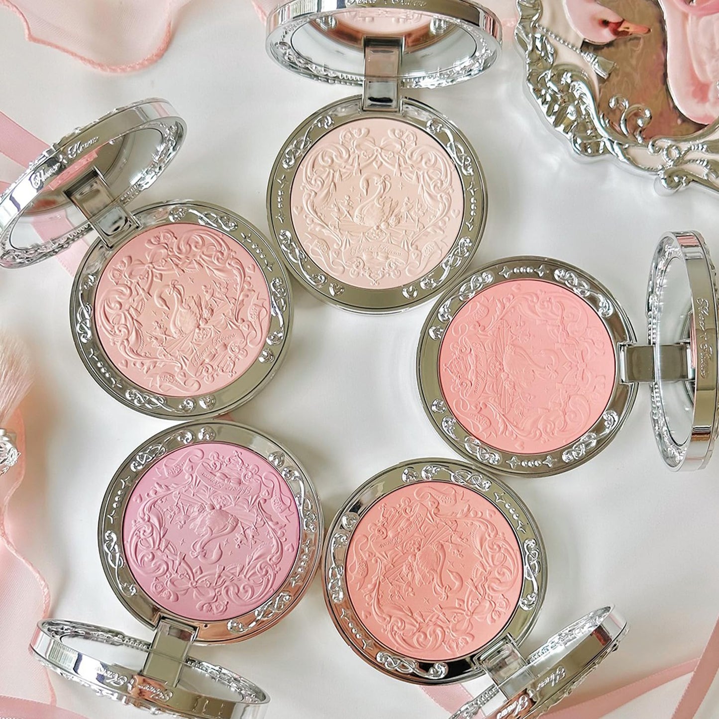 Flower Knows Swan Ballet Embossed Blush,Matte Finish,Buildable & Blendable Makeup Blush for Cheeks,Soft & Long-lasting for Girls & Women(02 Romanticism,5g)
