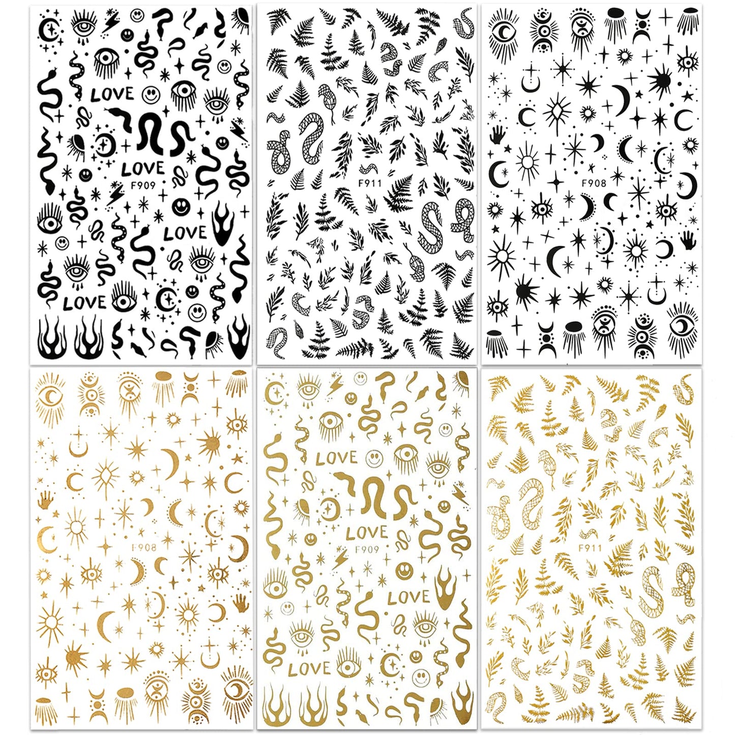 6 Sheet Gold Nail Stickers Black Snake Eyes Leaf Nail Art Stickers 3D Self-Adhesive Bronzing Sun Star Decals Starlight Nail Design Stickers for Acrylic Nail Supplies Women Nail Decorations